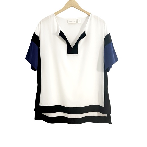Chico’s Colorblock Fun Nyna Top Blouse White Blue & Black Size 1 Small - Picture 2 of 15